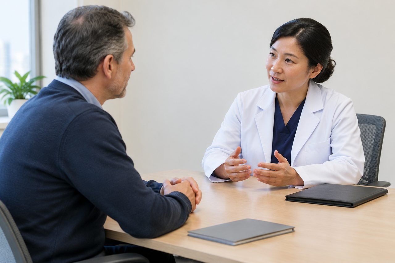 AI illustration: A doctor discusses with a patient in a consultation room.