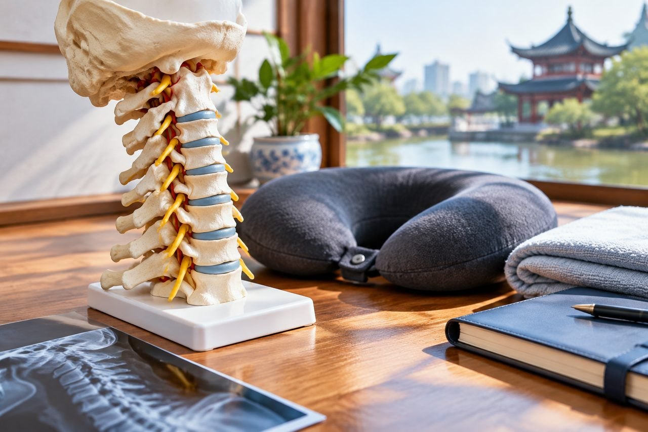 Illustrative image: A detailed anatomical model of the spine is displayed on a wooden table with a scenic view outside.