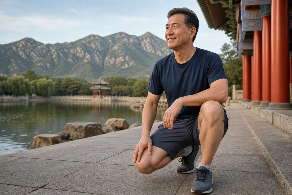 Illustrative image: A man in athletic wear kneels by a serene lake with mountains in the background.