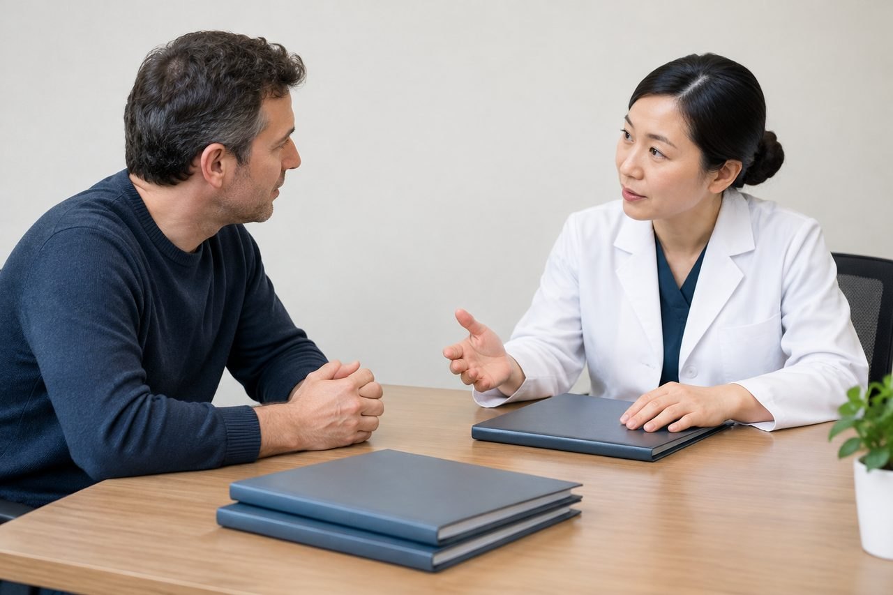 AI illustration: A doctor discusses with a patient in a consultation room, with folders on the table.
