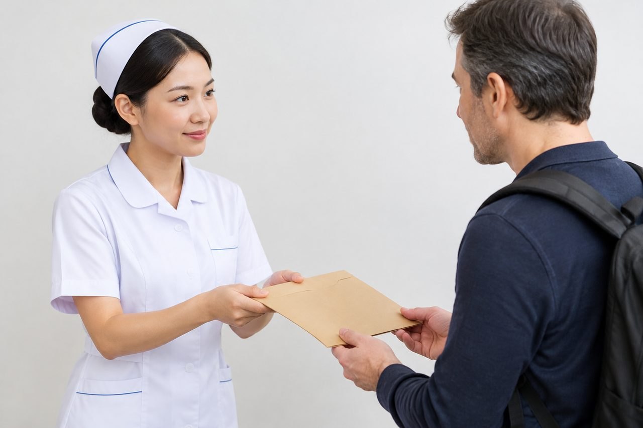 AI illustration: A nurse hands a document to a man in a casual outfit, indicating a consultation or information exchange.
