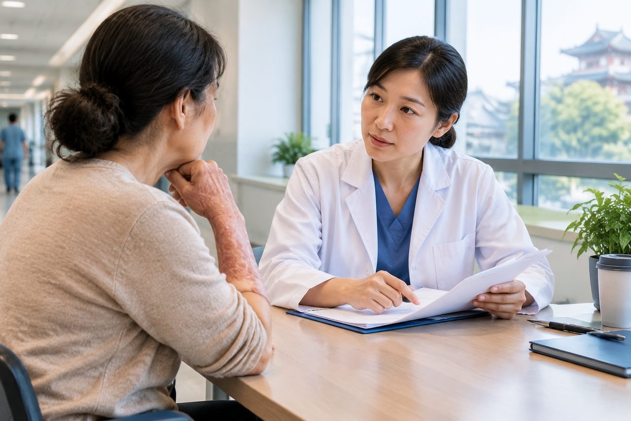 AI illustration: A doctor discusses medical information with a patient in a consultation room.