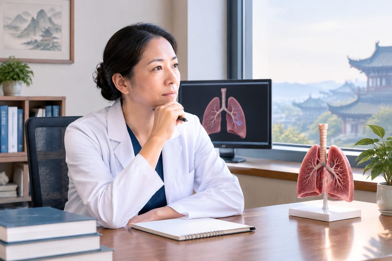 Illustrative image: A doctor contemplates in an office with a model of lungs and a computer display showing lung imagery.