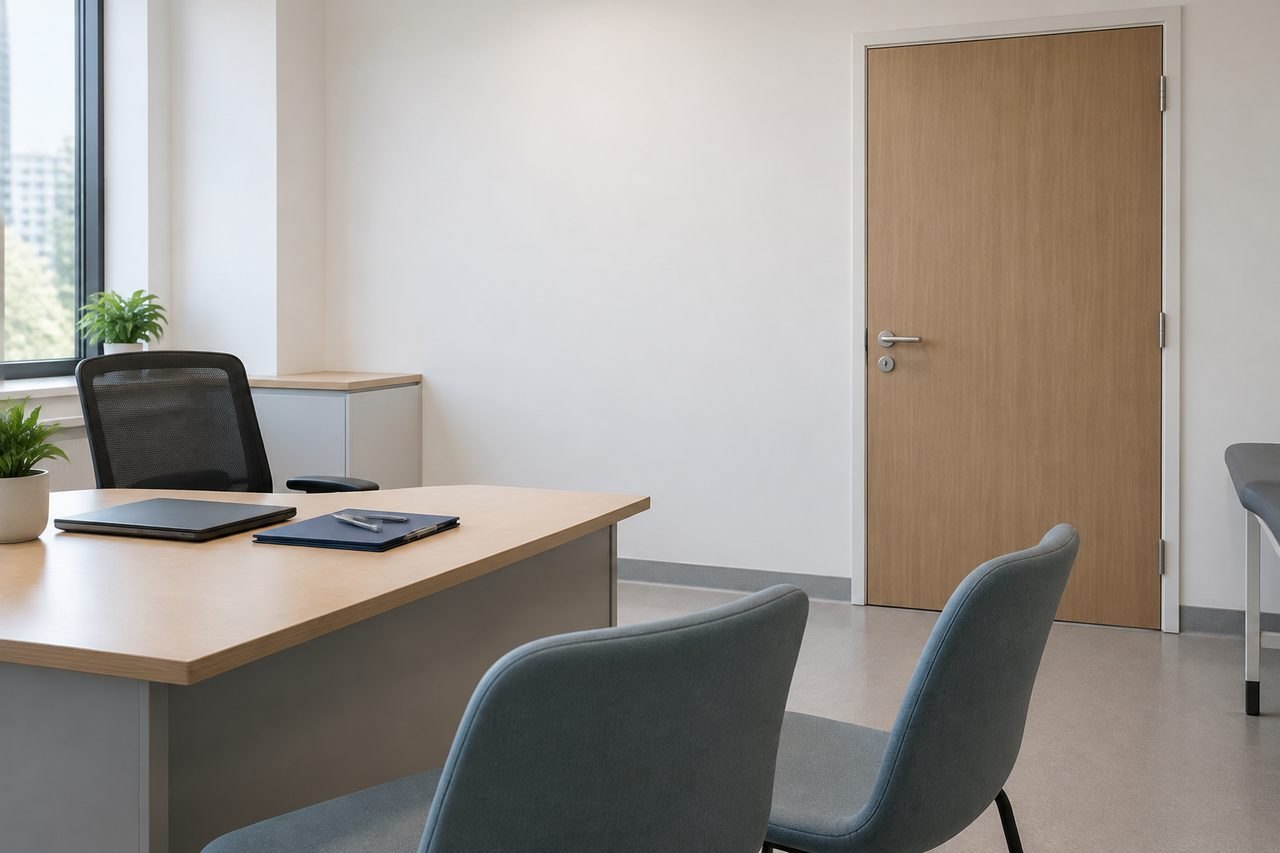 AI illustration: A modern clinic room featuring a desk, chairs, and a door.