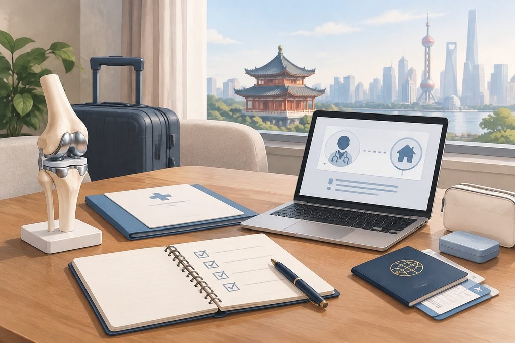 AI illustration: Knee-joint model beside a follow-up checklist and travel documents