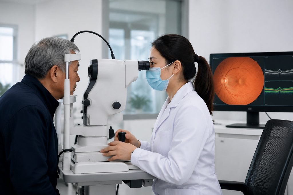 Illustrative image: An eye examination is being conducted using a slit lamp and a digital monitor displaying retinal imagery.