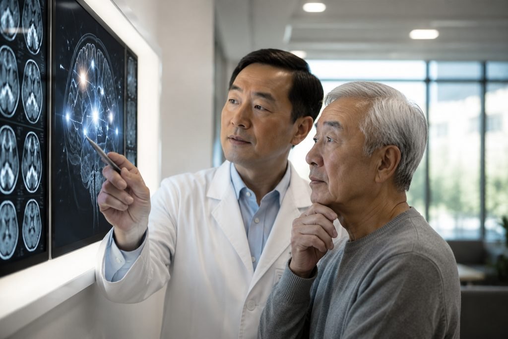 Illustrative image: A doctor discusses brain scan results with a patient in a clinical setting.