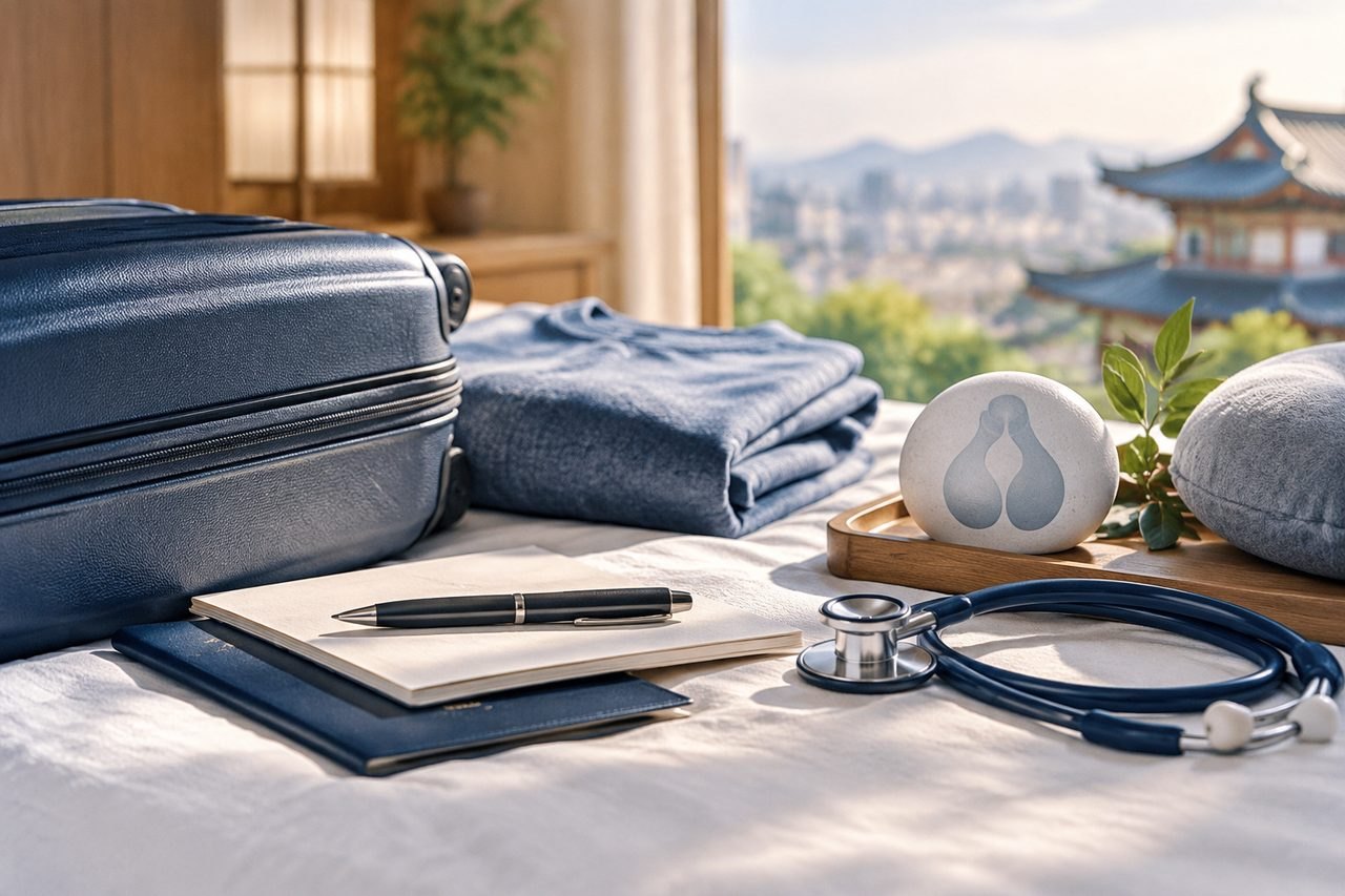 Illustrative image: A travel scene featuring luggage, clothing, and medical equipment on a bed with a scenic view.