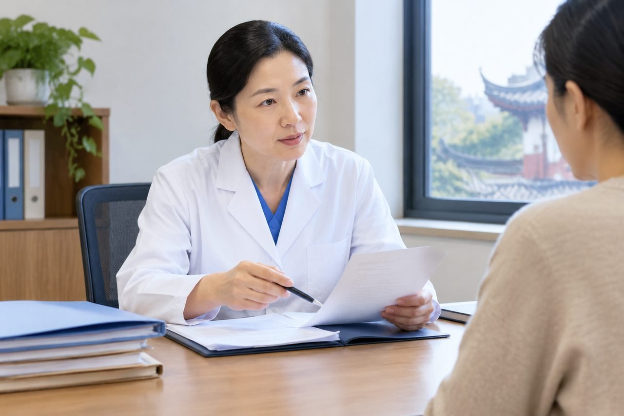 AI illustration: A doctor discusses medical information with a patient in a consultation room.