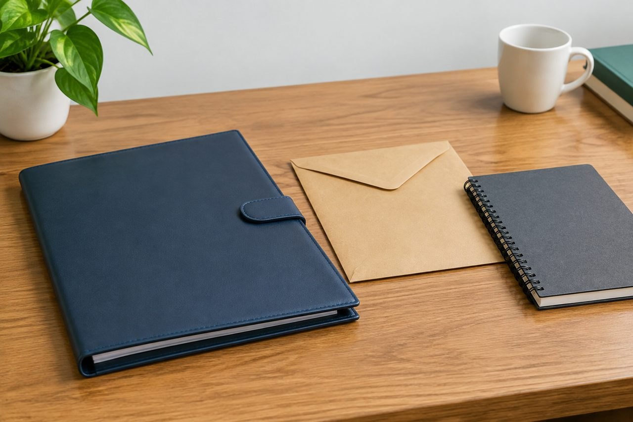 AI illustration: A workspace featuring a navy folder, a brown envelope, a black notebook, and a white cup on a wooden desk.