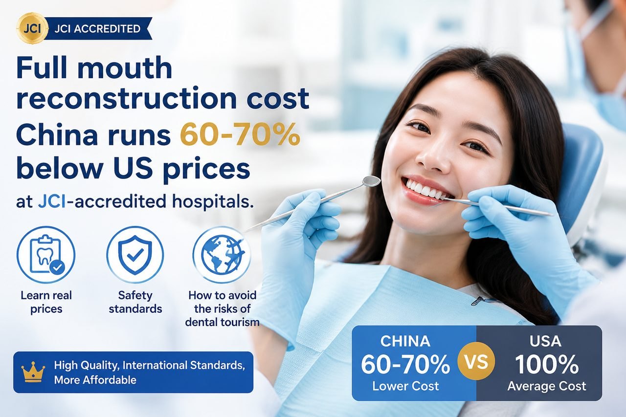 Illustrative image: An advertisement highlighting the cost benefits of dental procedures in China compared to the USA, featuring a patient in a dental chair.