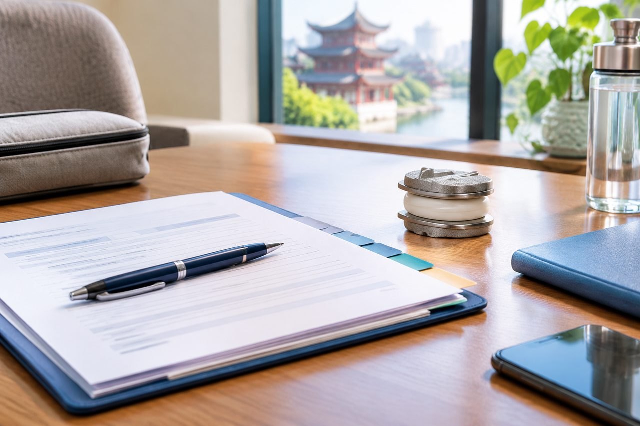 AI illustration: A workspace featuring documents, a pen, and a water bottle with a scenic view outside.