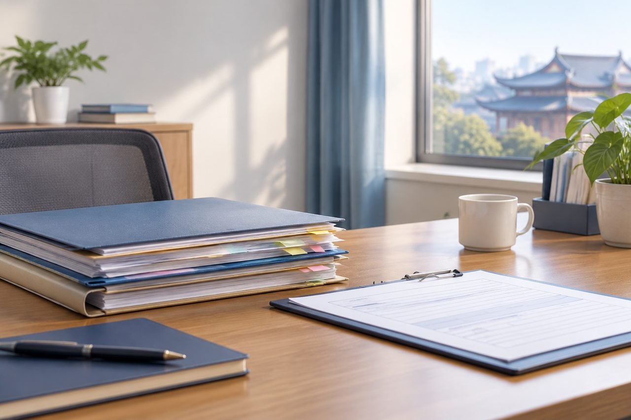 AI illustration: A well-organized office desk featuring folders, a clipboard, and a coffee cup with a view of a city skyline.