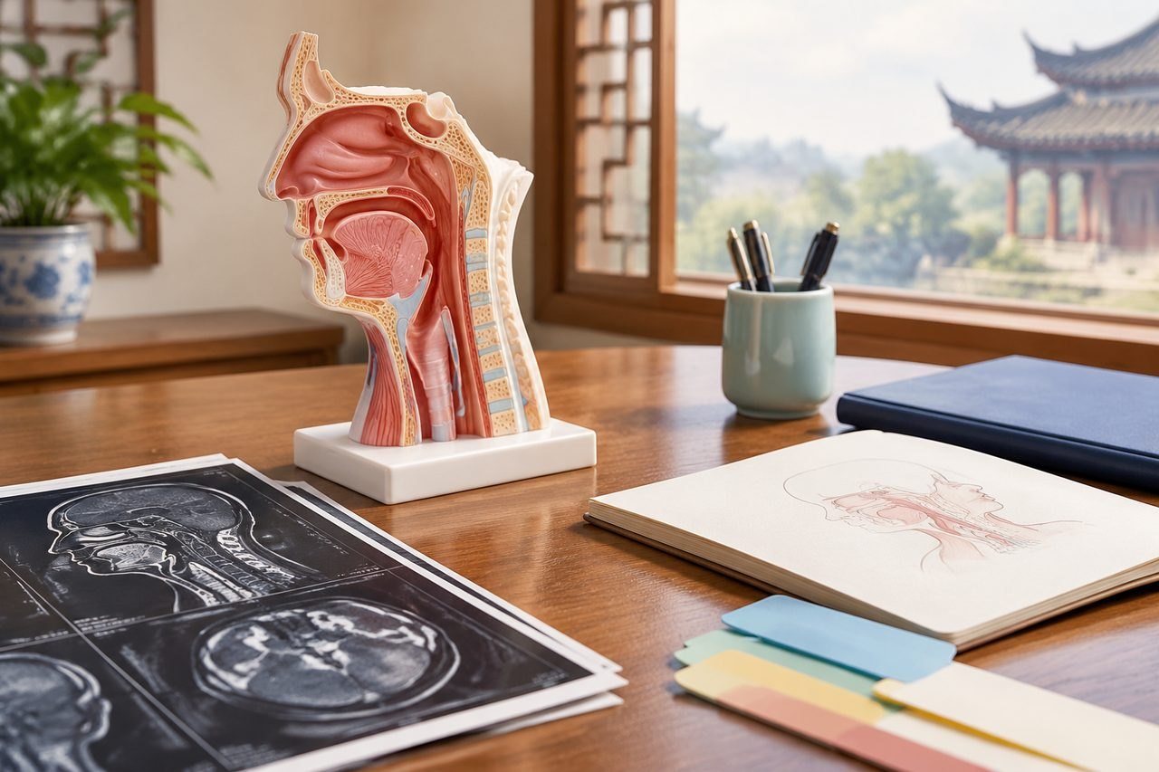 Illustrative image: A detailed anatomical model of the human head is displayed alongside medical illustrations and documents on a wooden table.