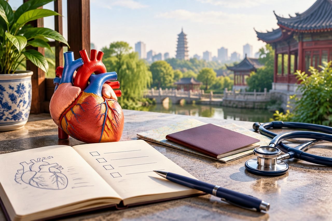 Illustrative image: A heart model is displayed on a table with a notebook and stethoscope, overlooking a scenic view.