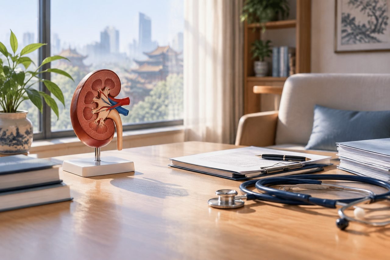 Illustrative image: A detailed anatomical model of a kidney is displayed on a desk in a medical office setting.