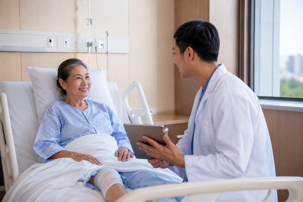 Illustrative image: A doctor discusses treatment with a patient in a hospital room.