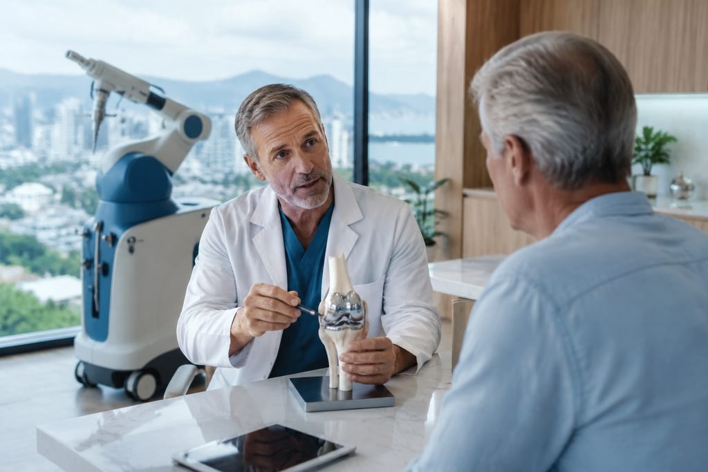 Illustrative image: A doctor discusses a knee model with a patient in a modern clinic setting with a city view.
