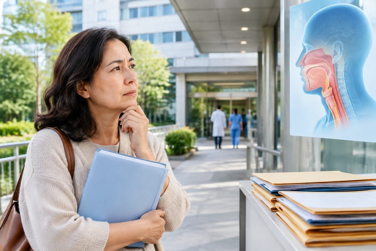 Illustrative image: A woman contemplates in front of a medical illustration outside a hospital.