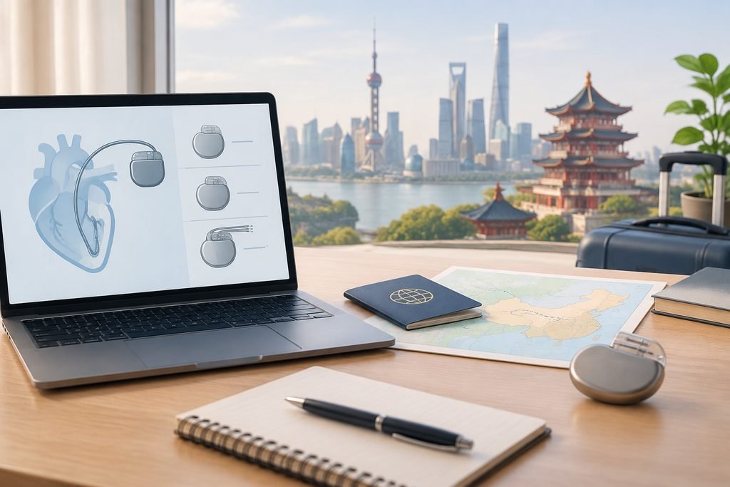 AI illustration: Schematic pacemaker illustrations on a laptop beside a notebook