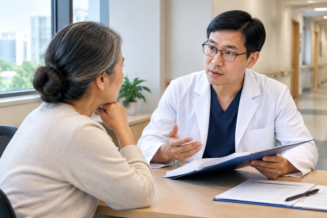 AI illustration: A doctor discusses medical information with a patient in a consultation room.