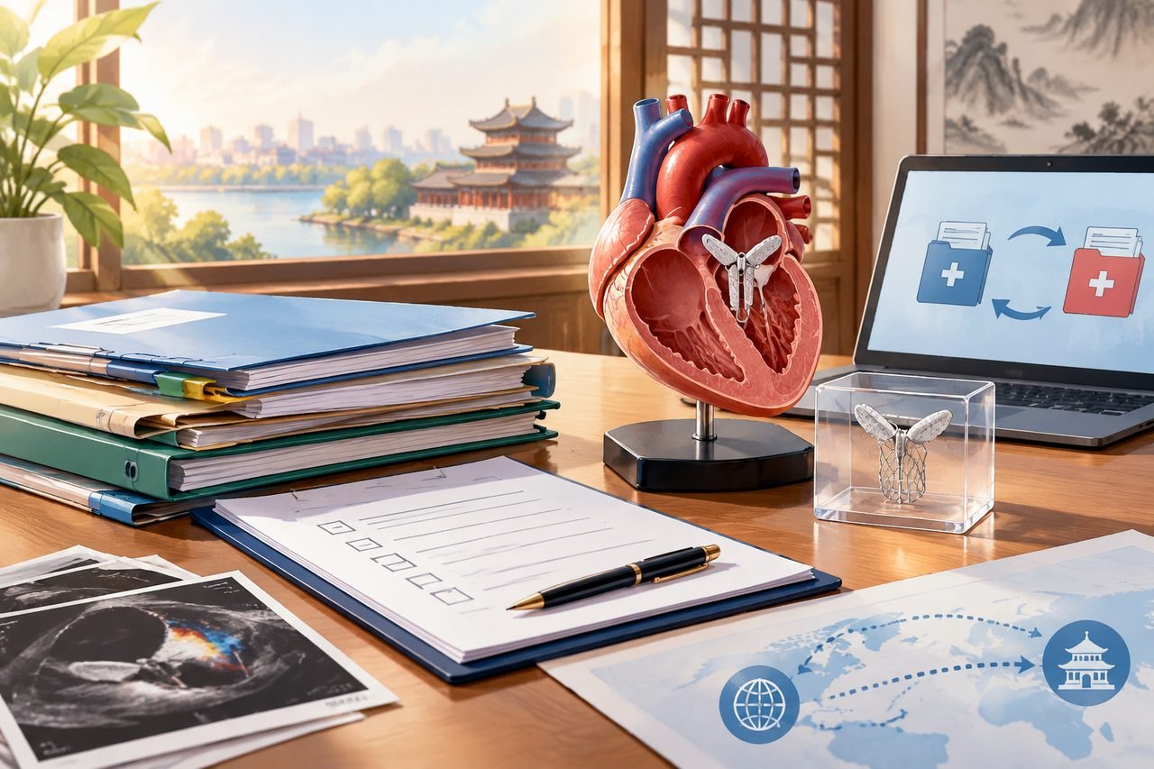 AI illustration: A medical workspace featuring a heart model, documents, and a laptop with health-related graphics.