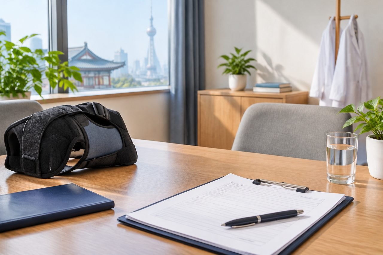 AI illustration: A medical consultation room featuring a brace, clipboard, and plants with a city view.