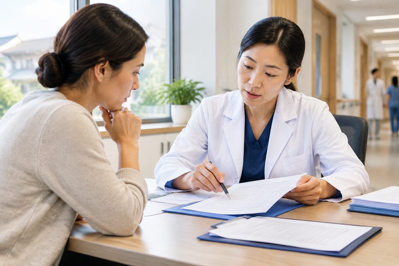 AI illustration: A doctor discusses medical documents with a patient in a consultation room.