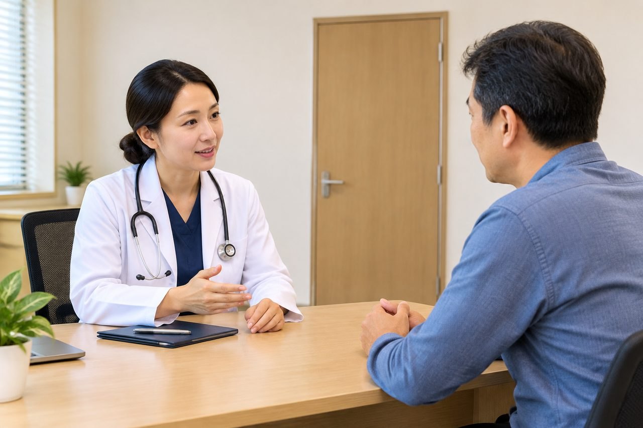 AI illustration: A doctor discusses with a patient in a consultation room.