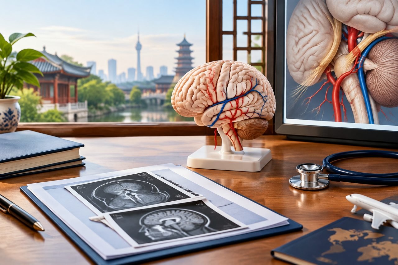 Illustrative image: A medical workspace featuring a brain model, medical images, and a stethoscope with a city skyline in the background.