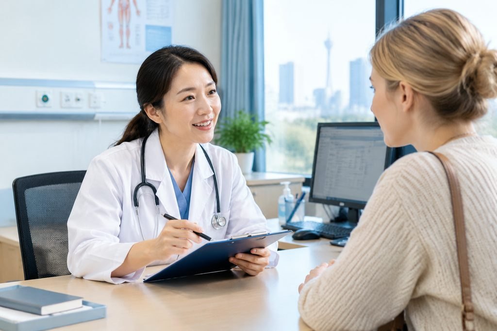 Fictional clinician discussing records with an overseas adult woman.