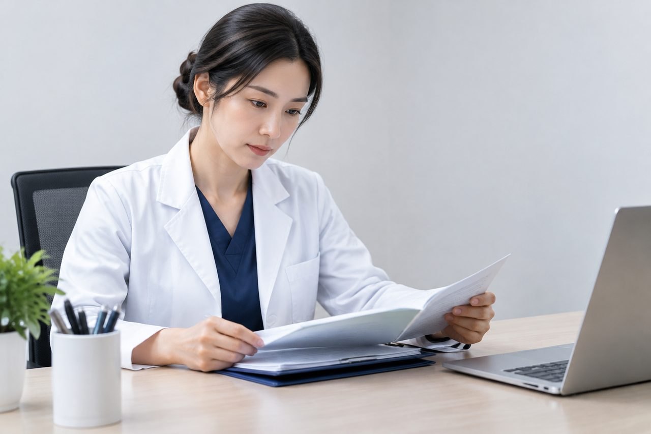 AI illustration: A medical professional reviews documents at a desk with a laptop and stationery.