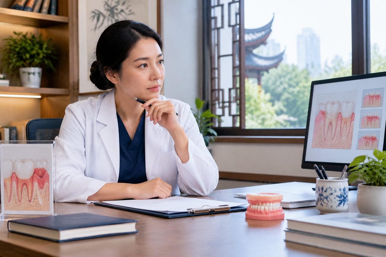 Illustrative image: A dental professional reviews patient information and dental illustrations in a consultation room.