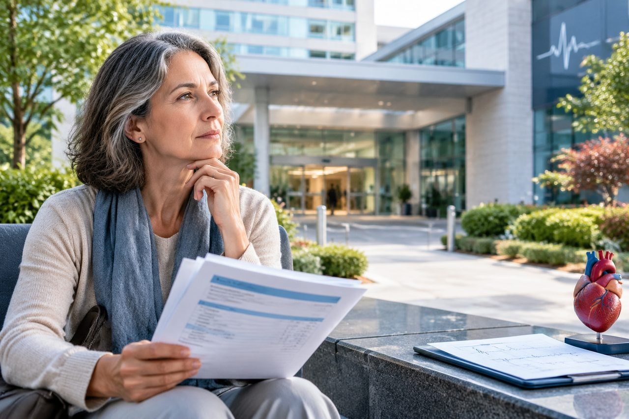 Illustrative image: A woman sits outside a hospital, reviewing medical documents with a heart model on the table.