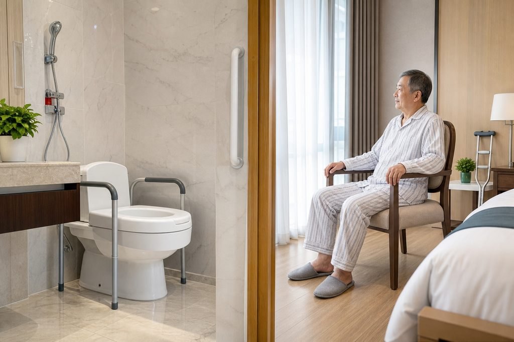 Illustrative image: An elderly man sits in a chair in a well-lit room with a bathroom area visible.