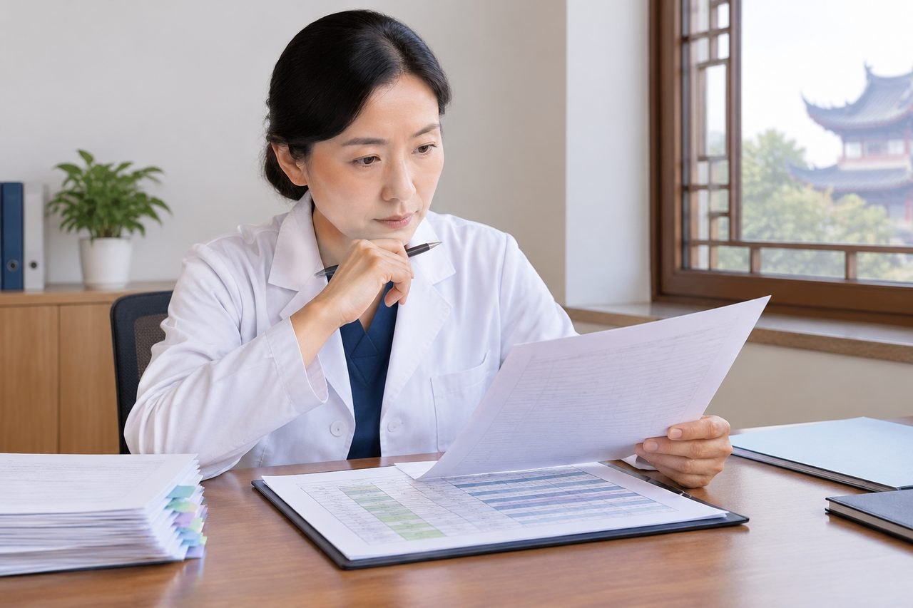 Illustrative image: A medical professional reviews documents in an office setting.