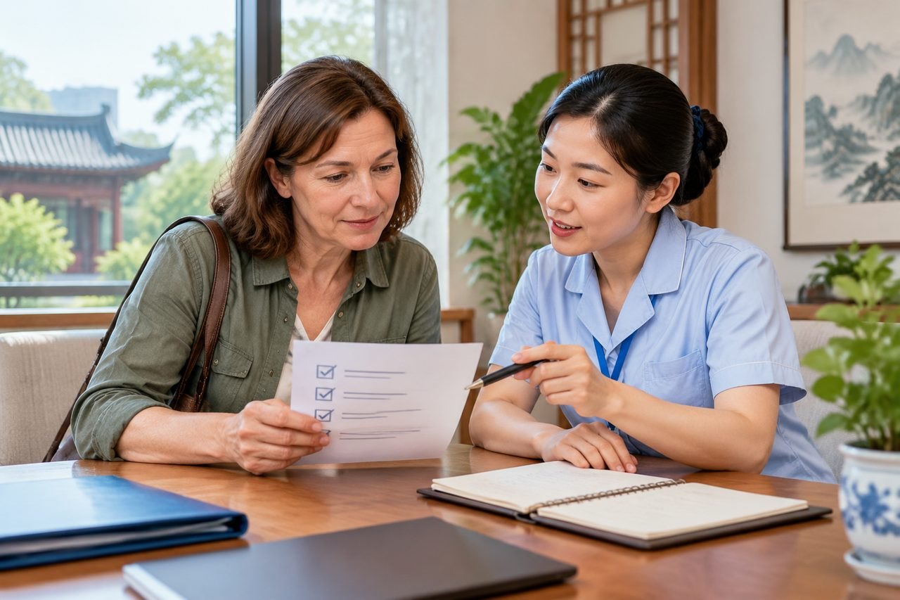 AI illustration: A healthcare professional discusses a checklist with a patient in a consultation setting.