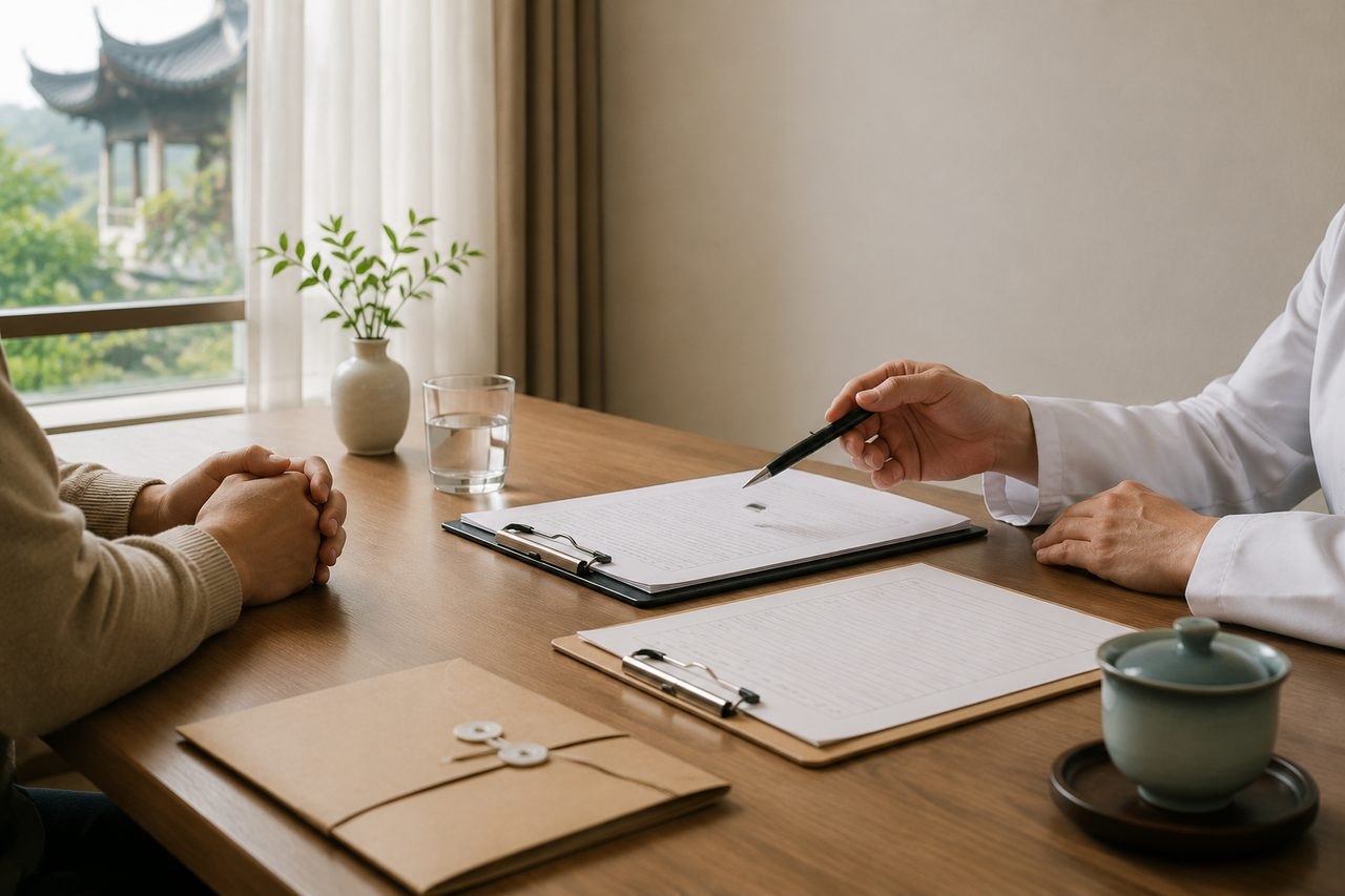 AI illustration: A consultation scene with a medical professional discussing notes with a patient.