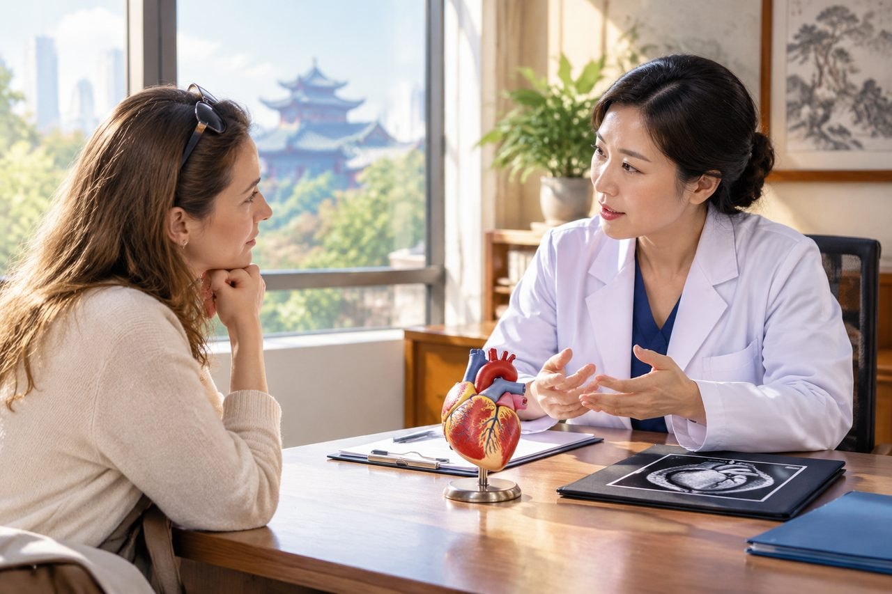 Illustrative image: A doctor discusses health with a patient in a consultation room, featuring a heart model and medical imagery.