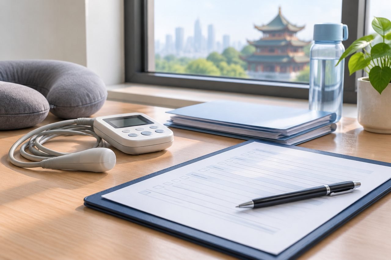 AI illustration: A medical consultation space featuring a medical device, paperwork, and a view of a city skyline.