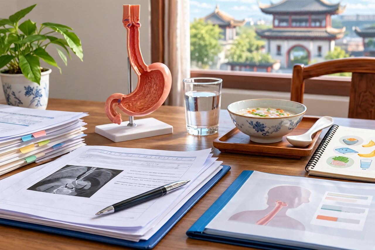 Illustrative image: A table set with medical documents, a stomach model, and a bowl of soup, with a view of traditional architecture outside.