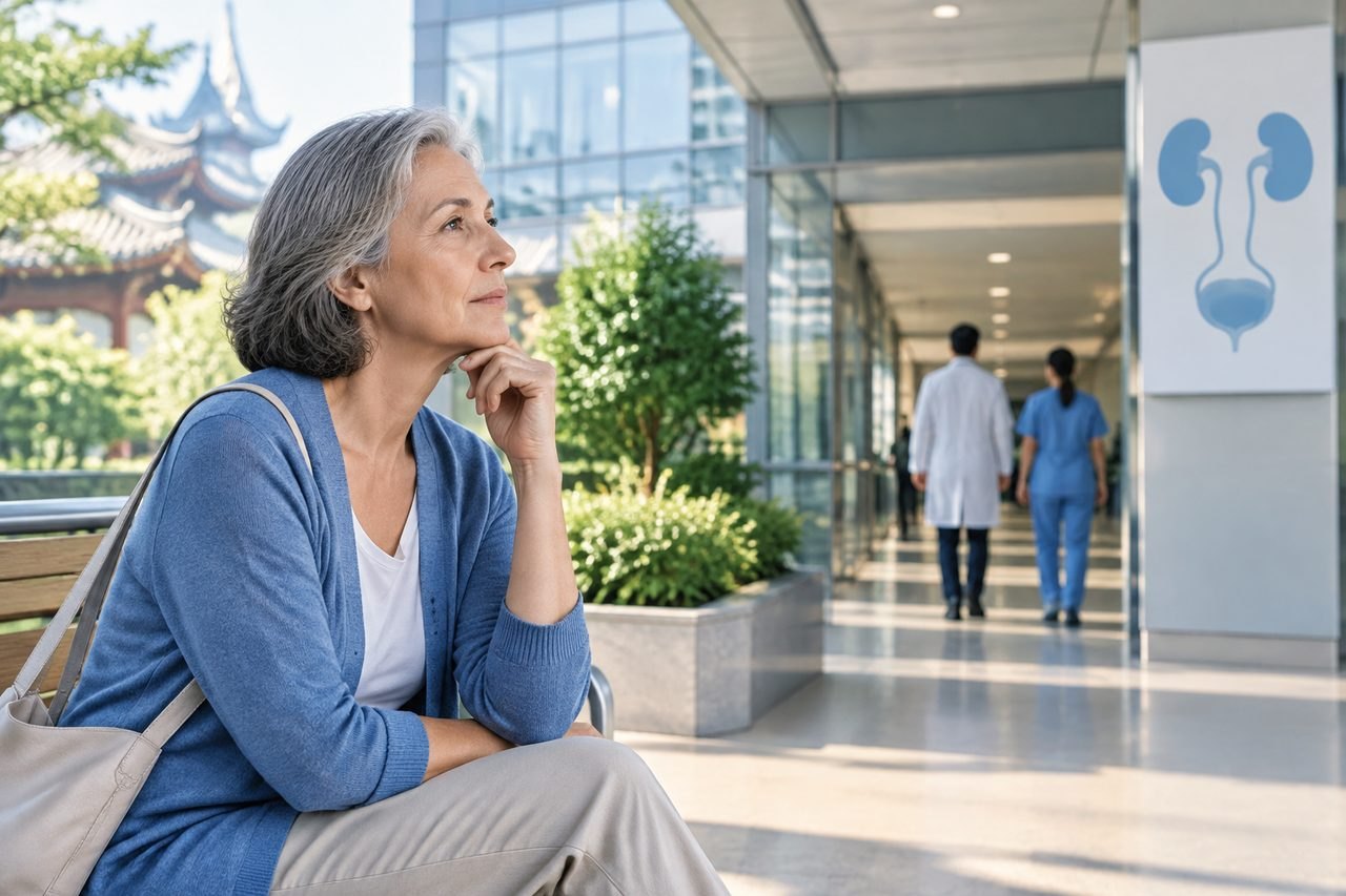 Illustrative image: A woman sits thoughtfully in a hospital corridor while medical staff walk in the background.