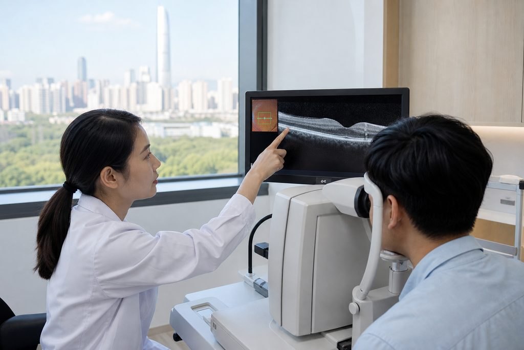 Illustrative image: A doctor discusses an eye scan with a patient in a modern clinic setting.