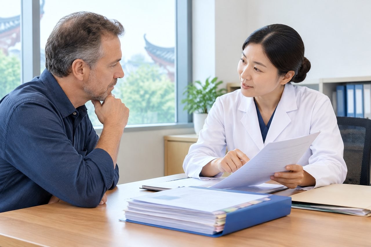 AI illustration: A doctor discusses medical documents with a patient in a consultation room.