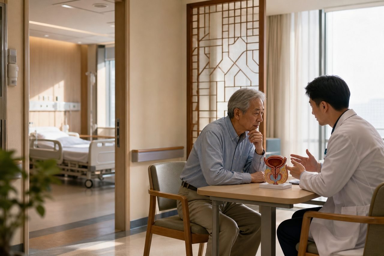 Illustrative image: A doctor discusses medical information with an elderly patient in a clinic room, using an anatomical model for illustration.