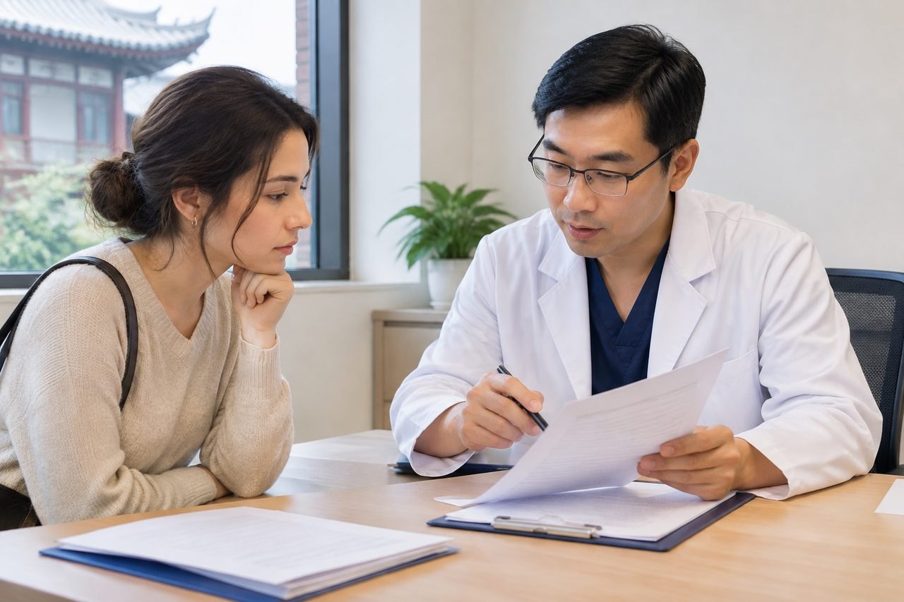 AI illustration: A doctor discusses medical documents with a patient in a consultation room.