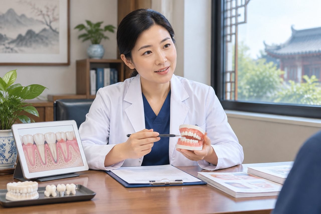 Illustrative image: A dental consultation taking place with a dentist explaining dental anatomy using a model.