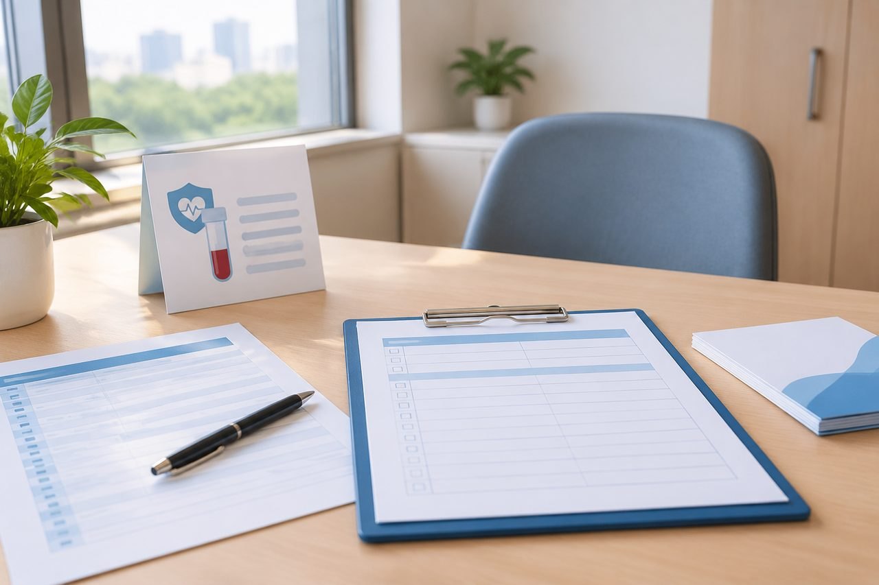 AI illustration: A medical consultation desk featuring paperwork and a health-related display.