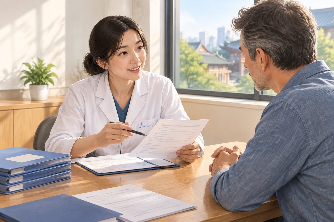 AI illustration: A doctor discusses medical documents with a patient in a consultation room.