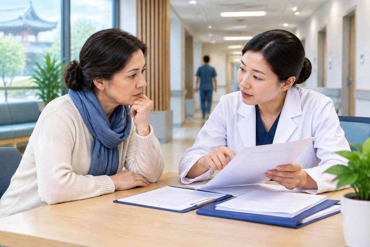 AI illustration: A doctor discusses medical documents with a patient in a clinic setting.